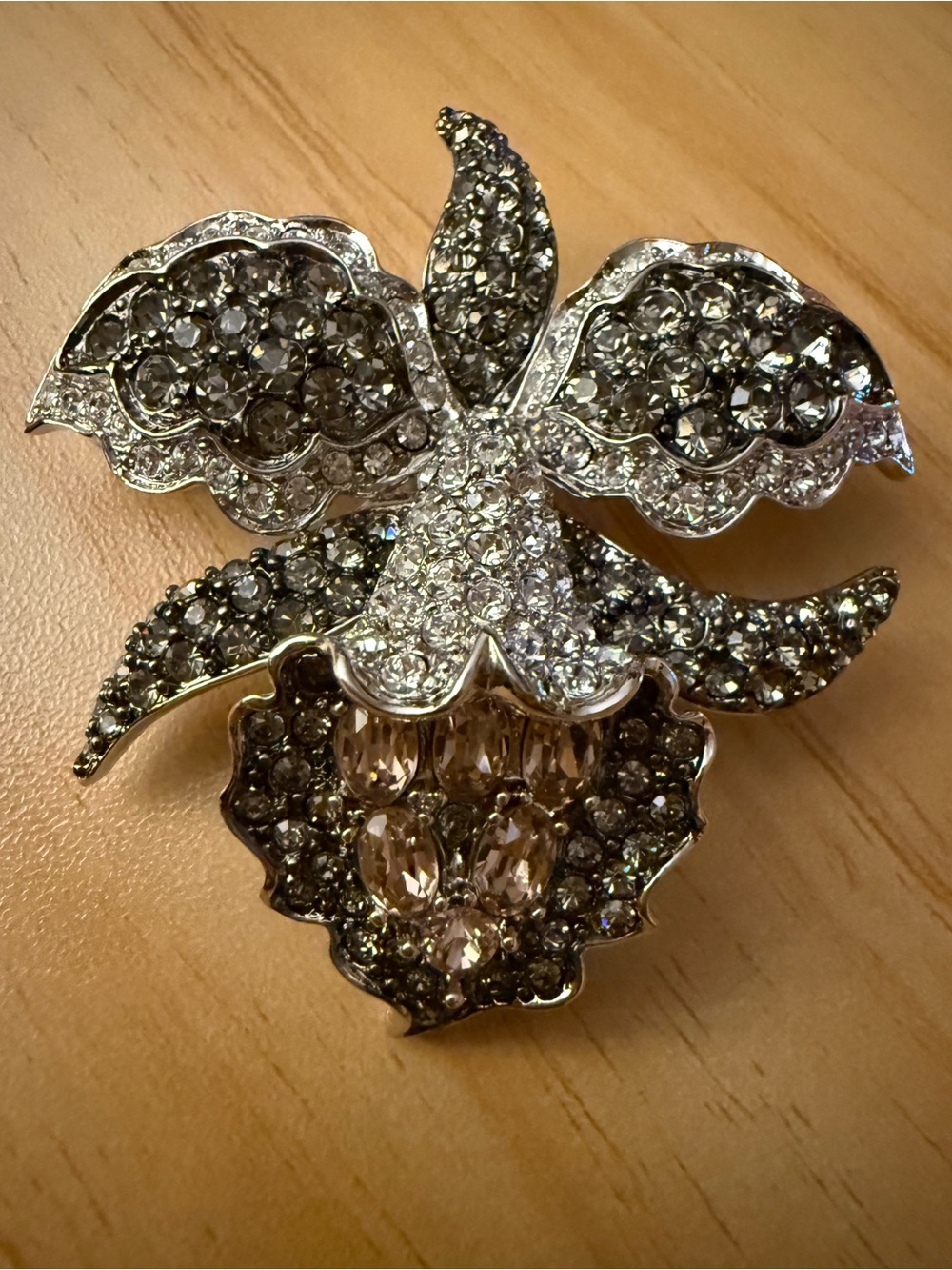 RARE Nolan Miller Silver and Clear and Colorful Crystal Orchid Vintage Brooch